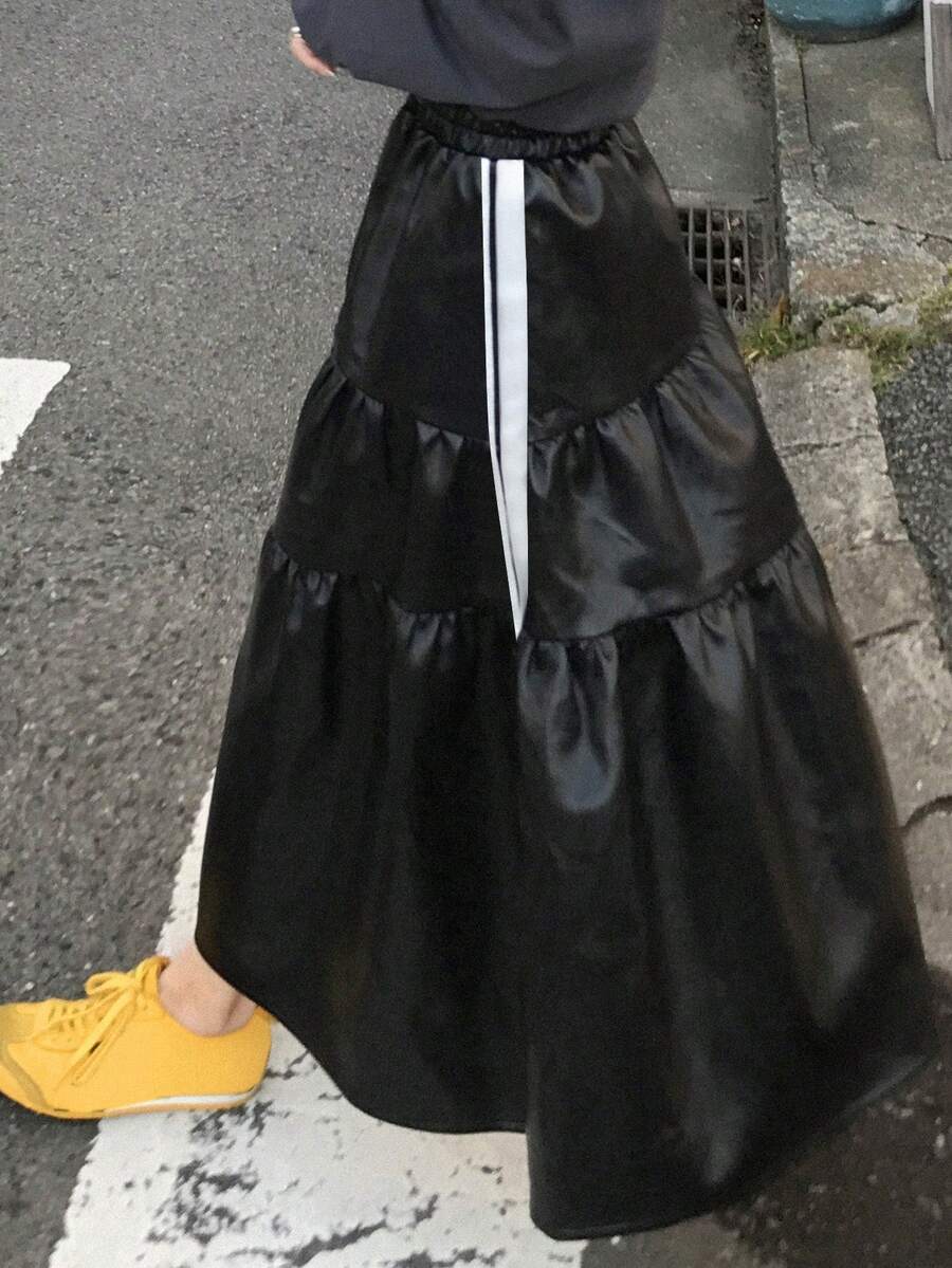 FRIFUL Falda de cuero con estilo de pastel, cintura elástica y bloque de color para mujer