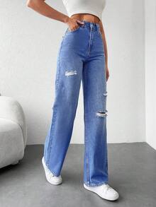 RueChic 100%Cotton Ripped Straight Leg Jeans - Light Wash - View 4