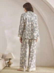 Ocili 舒适自然几何山纹图案宽松长袖上衣和裤子翻领女士睡衣套装，秋冬宽松睡衣 - 卡其色 - 查看 3