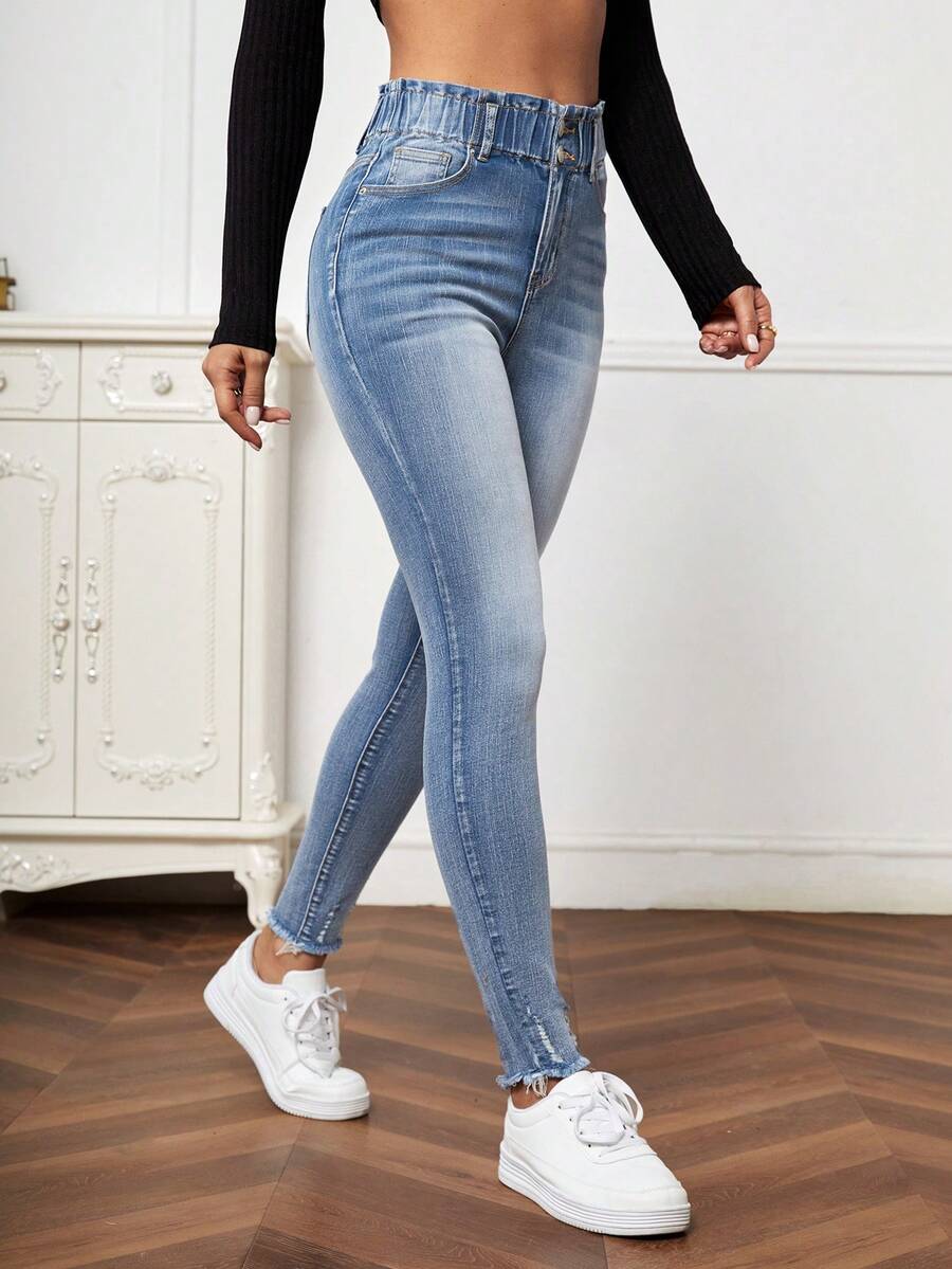 EMERY ROSE Quần Jeans Ôm Vừa Túi Cài Nút Thường Ngày Cho Nữ - Màu xanh lam - Xem 1