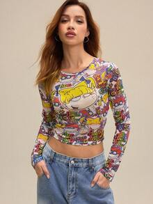 Nick 90s | SHEIN Women's Mesh Sheer Cartoon Pattern Round Neck Long Sleeve Cropped Top - Yellow - View 4