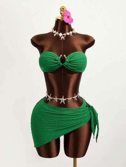 3 pièces/set Maillot de bain sexy de couleur unie, convient pour la plage et les vacances