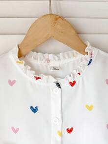 Leap Crew Tween Girls' Loose Casual Simple Stand-Up Collar Colorful Heart-Shaped Printed Long-Sleeved Shirt Girls Long Sleeve Shirt, Suitable For Kids Casual Wear, Back To School, Opening Ceremony, Daily Wear, School, Travel, Sports, Spring And Summer - White - View 3