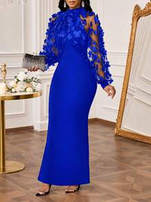 SHEIN Lady Black Dress Three-Dimensional Butterfly Embroidery Splicing Super Long Slim Fishtail Skirt, Small Dress Elegant Party Royal Blue Elegant Dress Women Long Sleeve Elegant Dress Luxury Dress For Women - Royal Blue - View 6