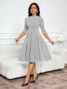 SHEIN Lady Váy midi kẻ caro thời trang dành cho nữ khi đi làm - Đen và trắng - Xem 7