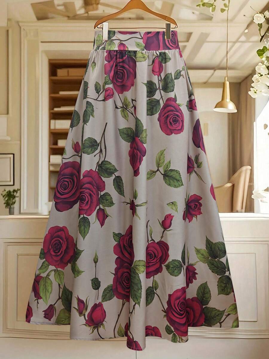 GlowEve Women's Elegant Casual Large Floral Gray-Brown Flared Skirt - Multicolor - View 1