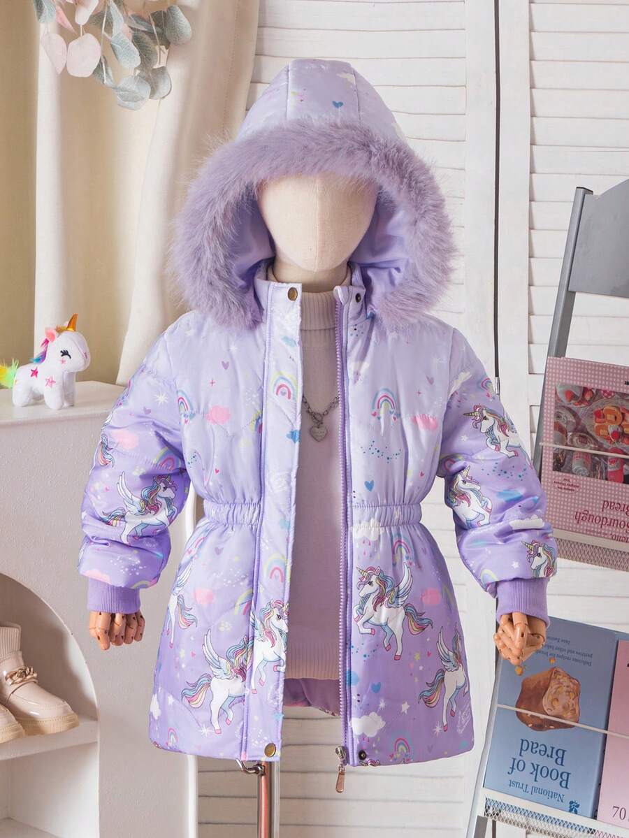 女童冬季羽绒服,加厚保暖内衬,彩色毛领连帽拉链外套,修身腰身,大口袋,儿童冬季羽绒服 - 淡紫色 - 查看 1