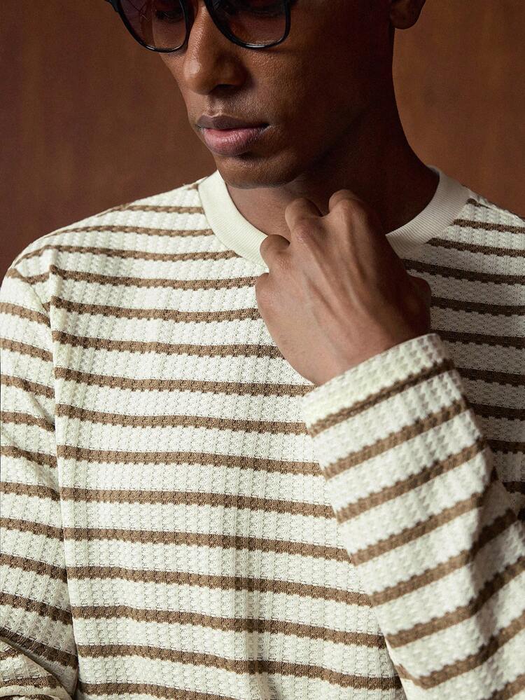 AKNOTIC Men's Striped Crew Neck Casual Versatile Long Sleeve T-Shirt Men Sweater Top Tarte Mcrae Men Knit Shirt Henley Men Stripe Top Men Knit Tops Brown And White Shirt Men - Apricot - View 1