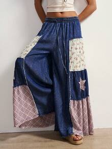 Bohemela Carnival Boho Patchwork Plaid Loose Wide Leg Casual Jeans Pants For Women, Suitable For Summer & Autumn