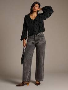 Aloruh Women's Solid Color Ruffle V-Neck Long Sleeve Fashion Blouse - Black - View 6