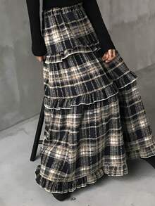 FRIFUL 女士弹力腰格子层叠荷叶边下摆休闲半身裙 - 彩色 - 查看 5