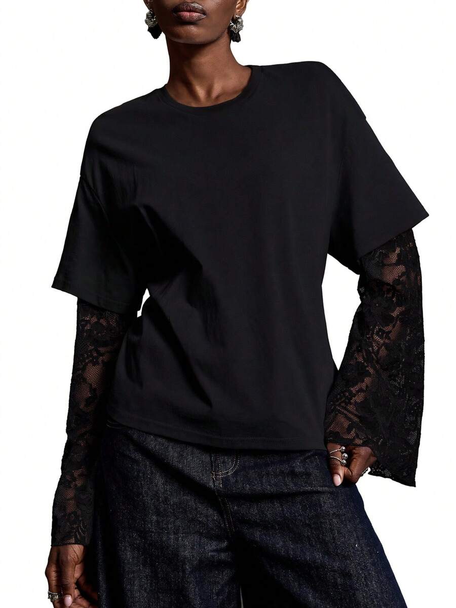 LYSMO Women's Black Autumn Chic Night Out Basic Loose Round Neck Drop Shoulder Contrast Color Lace T-Shirt,French Elegant Knitted Trumpet Bell Long Sleeve - Black - View 1