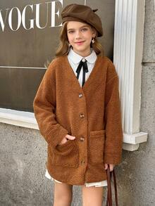 SHEIN Chaqueta casual de una hilera cálida para niñas preadolescentes, otoño/invierno