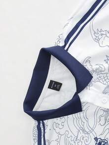 ROMWE MEN Prep 男士字母花卉印花宽松运动长袖 Polo 衫 - 白色 - 查看 3