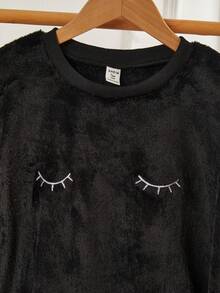 Teen GirlBlack Fluffy Sweatshirt With Eyelash Embroidered Heart Pattern & Thick Comfortable Long Pants Pajama Set - Black - View 4