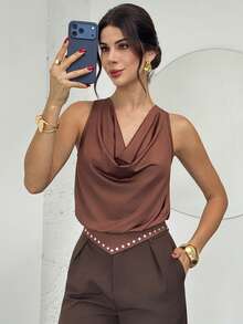 Firerie Women's Elegant Minimalist Casual Fashion Commute Party New Year Valentine's Day Cowl Neck Draped Rivet Brown Camisole Top - Brown - View 1