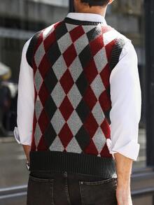 Manfinity Mode 男士休闲拼色菱形图案毛衣背心，秋冬款 - 彩色 - 查看 2