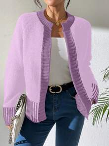 RosyDaze Áo len cardigan sọc đen trắng đa năng thời trang Pháp - Màu tím - Xem 5