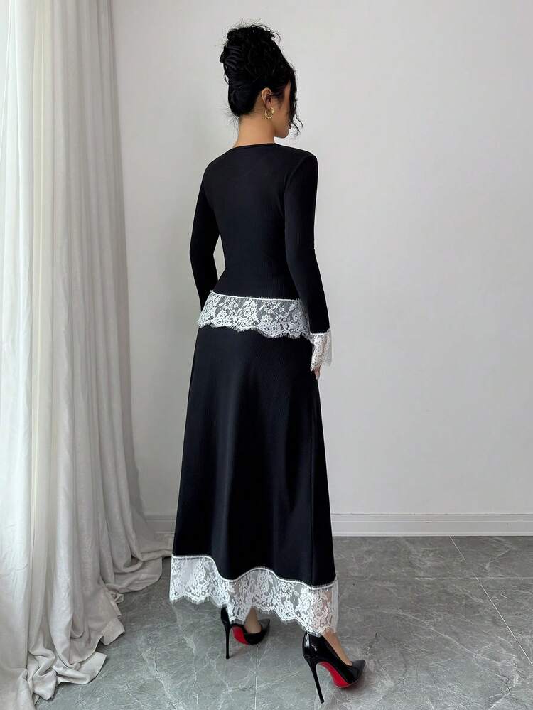 Elenzga طقم قطعتين للنساء يتكون من ملابس علوية بأكمام طويلة مطرزة بالدانتيل والزهور وتناسب الجسم، وتنورة فضفاضة على الخصر بقصة A - الأسود - مشاهدة 2