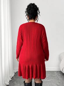 Elenzga Elegantes rotes Meerjungfrauenkleid in Große Größen mit rundem Ausschnitt und Langarm aus Strick - Rot - Übersicht 2