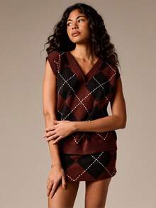 AiiRZ Argyle Pattern Knit Mini Sweater Skirt For Preppy Academic Style Fall Winter Or Casual Wear - Multicolor - View 6