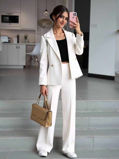 SHEIN Sparklyn Teenager Suit Set, Handmade Crystal Decor White Suit Set For Teens, Elegant Daily Commute