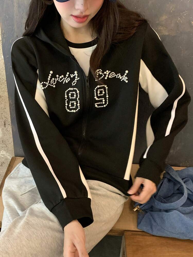 Women's Autumn/Winter Contrast Color Short Zip-Up Long Sleeve Casual Sweatshirt With 3D Faux Pearl Decor Hoodies