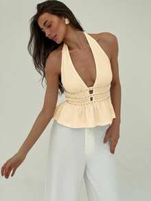 Aloruh Women's Solid Color Deep V Rivet Design Ruched Sexy Halter Top - Beige - View 6