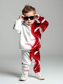 SHEIN 男婴红色晕影、红色烟雾、优越感、特殊效果、休闲简约宽松柔软针织连帽衫和裤子套装，舒适适合秋冬季、圣诞节 - 彩色 - 查看 4