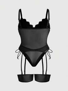 ROMWE Goth 4件套加大码蕾丝拼接网纱抽绳设计钢圈性感内衣套装 - 黑色 - 查看 2