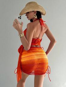 Swim SXY 4件套女士新款吊带露背上衣、侧系带衬衫、侧系带泳裤和迷你裙性感比基尼套装，夏季 - 橘色 - 查看 2