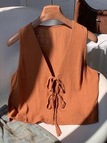 Comfortcana Brown Linen Tie Front Shirt For Women,Brown Top