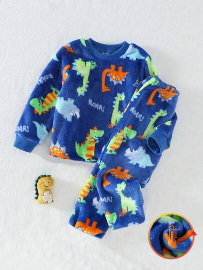 Flannel Boys Baby Toddler Loungewear 2-Piece Set - Navy Blue Dinosaur All-Over Print Pajamas Colorful Cartoon Dinosaur ROAR Letter Print Design Blue Green Orange Multi-Color Match Cute Dinosaur Animal Pattern Long Sleeve Top Pants Combo Thick Warm Flannel Fabric Social Media Style Adventure Explorer Autumn Winter Spring Holiday Essential Boys Baby Home Set