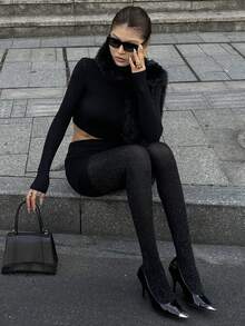 DAZY Women's Solid Color Elastic Waist Shiny Leggings - Black - View 8