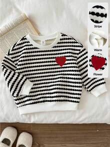 LMoss Kids 女婴日常休闲条纹卫衣，圆领长袖，涤纶套头衫，饰有红色爱心图案 - 黑與白 - 查看 5