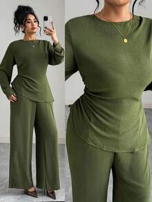 Elenzga Set di camicia verde militare a collo tondo in tessuto grinzoso con vita stretta e pantaloni larghi a vita elastica con tasche, stile vintage francese elegante, minimalista, casual per autunno/inverno, nuovo arrivo per il Ringraziamento, taglie forti - Verde militare - Visualizzare 1