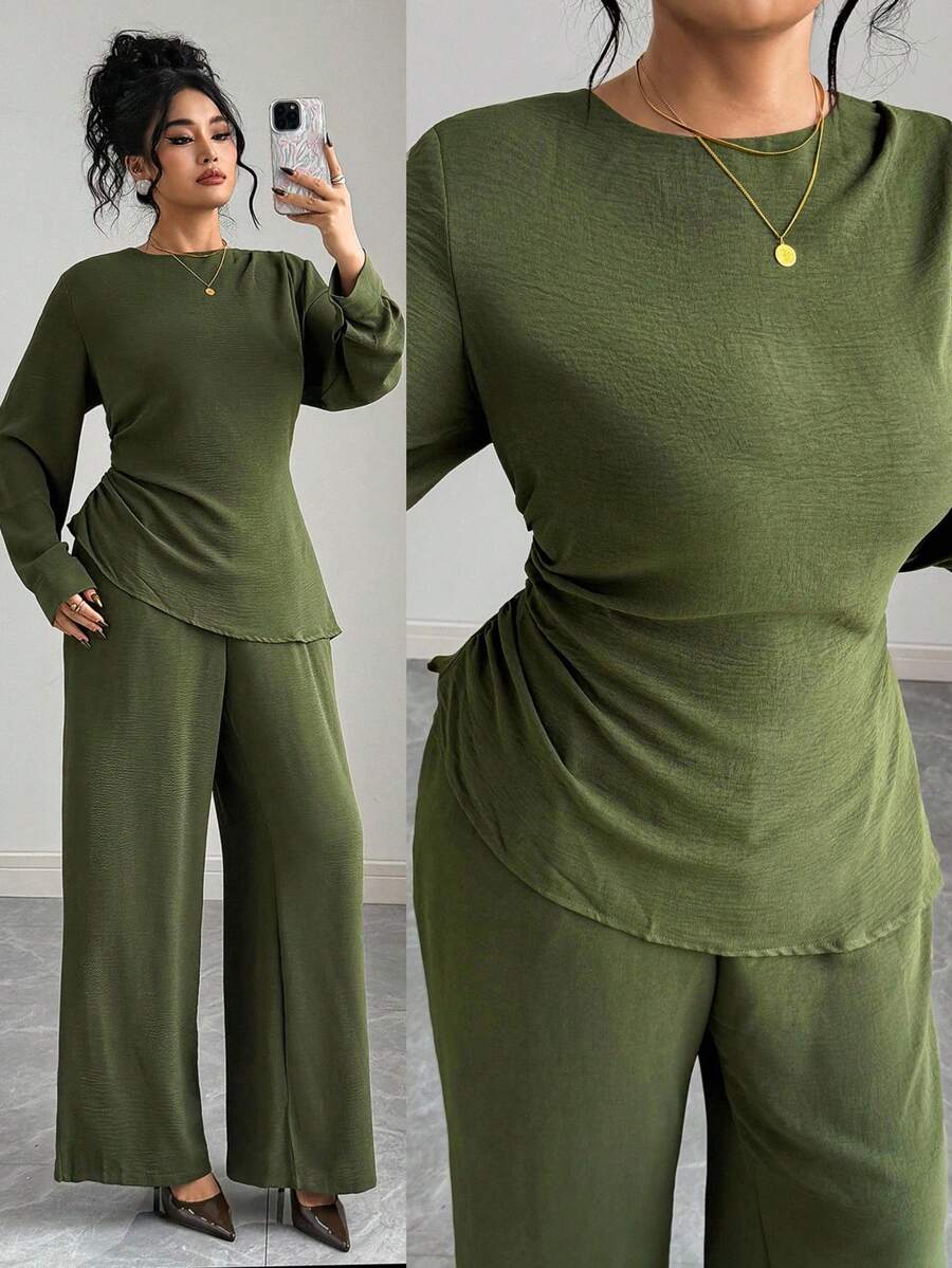 Elenzga Set di camicia verde militare a collo tondo in tessuto grinzoso con vita stretta e pantaloni larghi a vita elastica con tasche, stile vintage francese elegante, minimalista, casual per autunno/inverno, nuovo arrivo per il Ringraziamento, taglie forti - Verde militare - Visualizzare 1