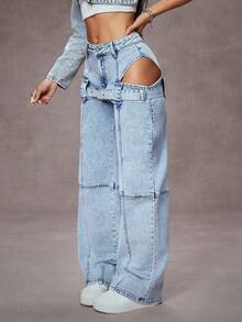 Jeanoix 女士镂空扣环阔腿宽松休闲牛仔裤