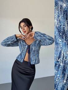 Firerie Women's Sequin Embroidered Front Tie Blouse,Navy Blue Faux Fur Sweater Top,Long Sleeve,Elegant Autumn Party Night Boho Beach Concert Club - Multicolor - View 1