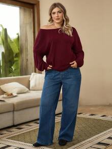 EMERY ROSE 大码女式纯色圆领落肩长袖休闲罗纹T恤 - 酒紅色 - 查看 6