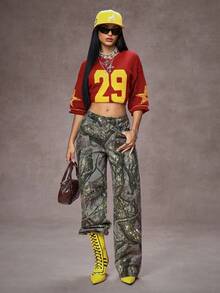 SHEIN Tall Tall Waist Maple Leaf Camouflage Print Washed Straight Leg Jeans - Multicolor - View 6