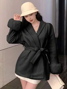 DAZY Women's Black Fuzzy Patchwork Drawstring Waist Jacket, Suitable For Autumn, Winter, New Year, Christmas, Valentine's Day Women Coats - Black - View 4