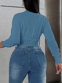 Sirith Áo khoác ngắn tay dài, đơn hàng, vai trễ màu trơn, thường ngày cho nữ - Màu xanh bụi bặm - Xem 2