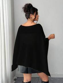 Elenzga Plus Size Women Casual Chic Daily Commute Simple Solid Asymmetrical Collar Batwing Sleeve Loose Knit Sweater, Autumn/Winter 3 Day Delivery Black Goth - Black - View 2