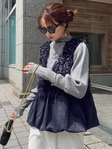 FRIFUL 女式黑色无袖拼接毛绒面料褶皱设计宽松休闲百搭分层背心，秋季 - 藏蓝色 - 查看 5