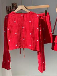 Comfortcana 2 件套女式红白心形图案系带长袖上衣和短裤套装，圣诞装 - 紅白色 - 查看 2