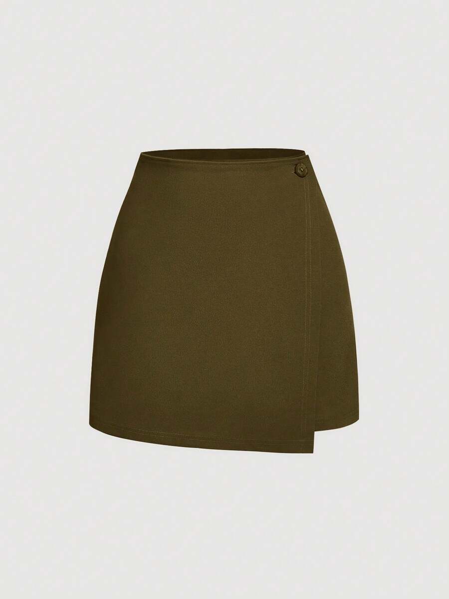 SHEIN MOD 女士纯色侧扣不对称下摆休闲半身裙 - 軍綠色 - 查看 1