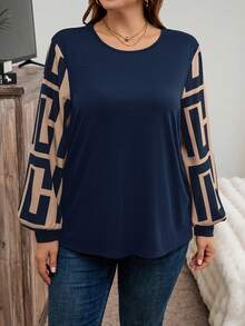 SHEIN LUNE 大码撞色灯笼袖休闲宽松上衣，秋冬假日款 - 寶藍色 - 查看 5