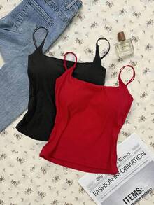 Tseoso 休闲百搭黑色+红色吊带背心，带衬垫胸罩，夏季上衣，罗纹背心，适合全年穿着，居家，运动。 - 黑色 - 查看 9