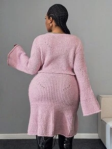 Maweii Damen Große Größen 2-teiliges Set: Einfarbiges Pulloverkleid mit Rundhalsausschnitt - Pink - Übersicht 2